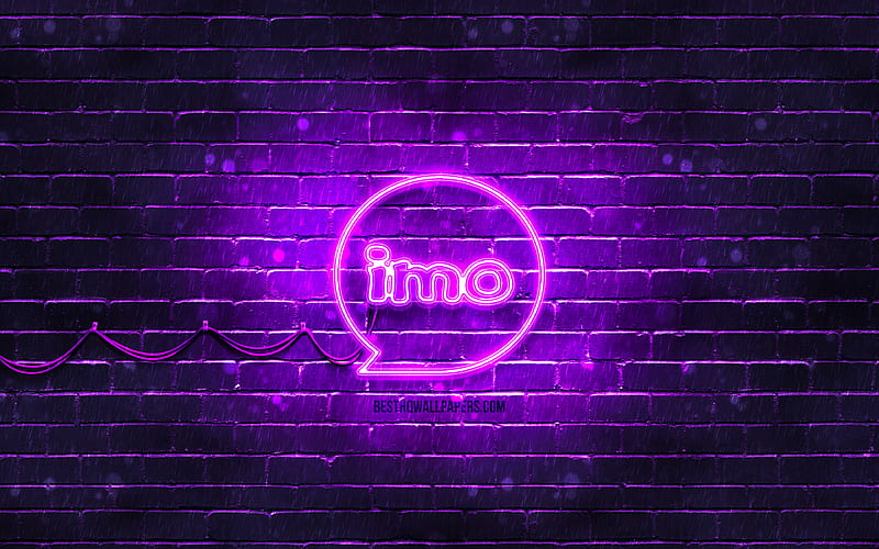 IMO violet logo violet brickwall, IMO logo, messengers, IMO neon logo, IMO, HD wallpaper