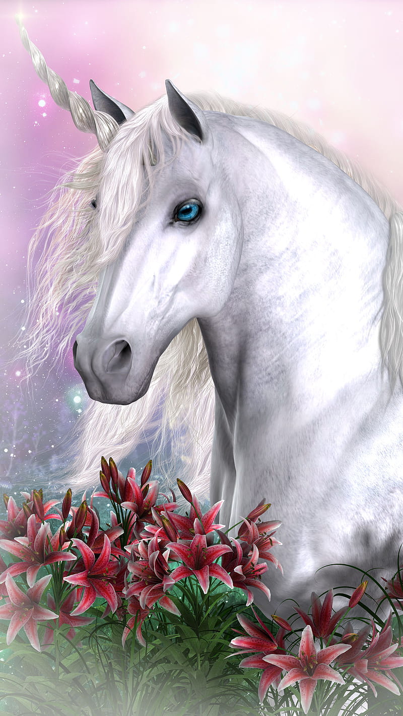 Unicorn, animal, cg, fantsy, flowers, horse, mare, stallion, HD phone wallpaper