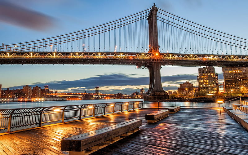 New York, evening, Manhattan Bridge, city lights, USA, HD wallpaper