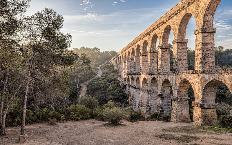 The Ferreres Aqueduct, Pont del Diable, Devils Bridge, Tarragona, Catalonia, Spain, aqueduct, landmark, sunset, evening, mountain landscape, Roman aqueduct, HD wallpaper