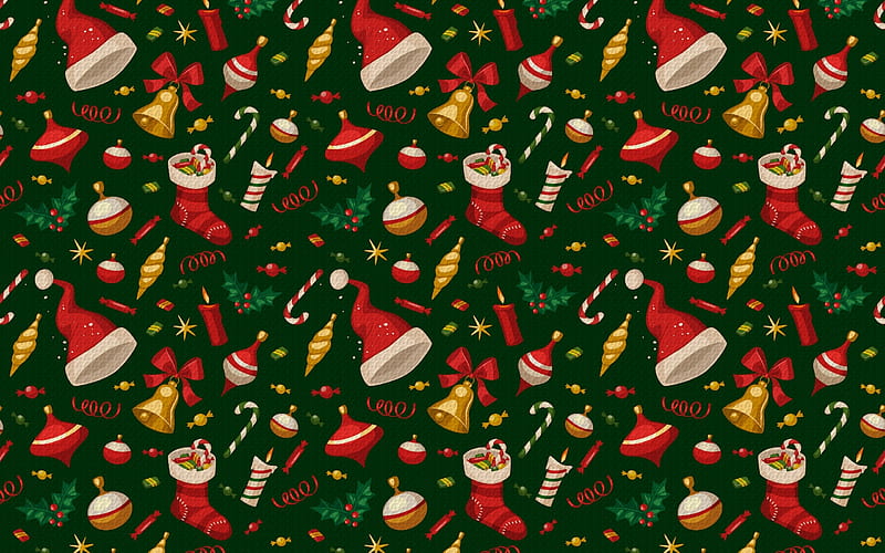Texture, pattern, red, craciun, christmas, hat, santa, green, shoe, paper, HD wallpaper