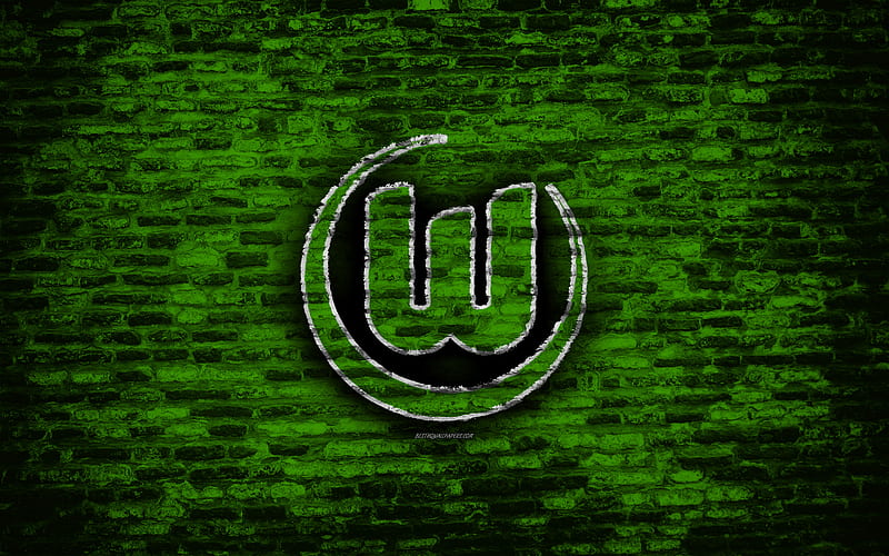 Wolfsburg FC, logo, green brick wall, Bundesliga, German football club, soccer, football, brick texture, Wolfsburg, Germany, HD wallpaper