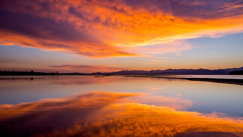 National Park, Yellowstone National Park, Cloud, Horizon, Lake, Montana, Nature, Reflection, Sky, Sunrise, Yellowstone, orange (Color), HD wallpaper