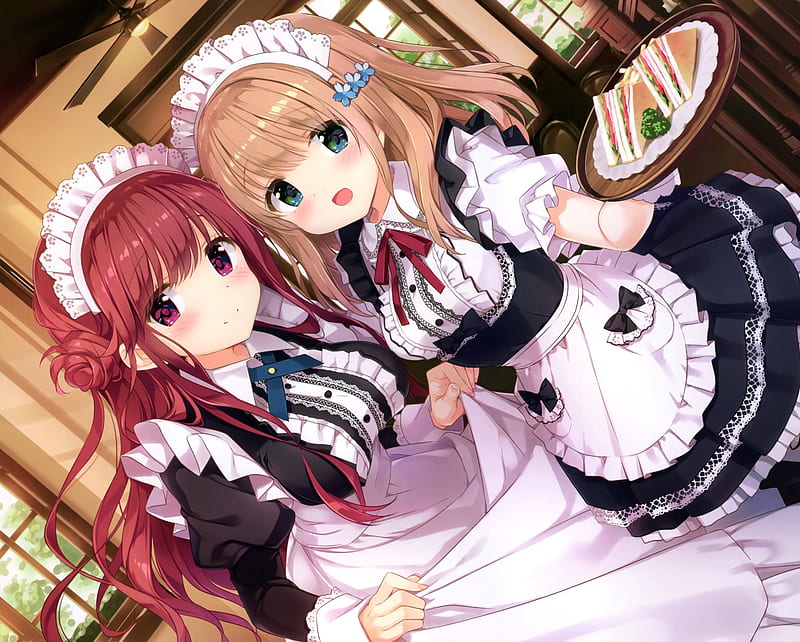 anime maid girls, loli, blonde, dessert, cafe, waitress, maid outfit, Anime, HD wallpaper
