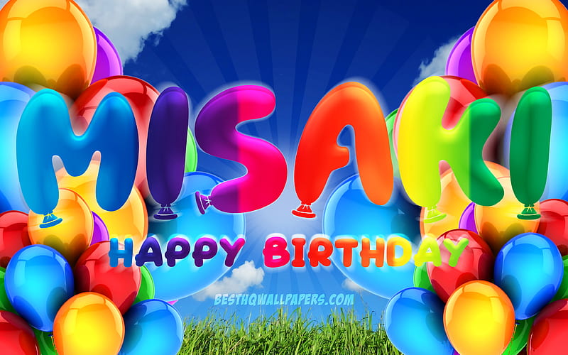 Misaki Happy Birtay cloudy sky background, female names, Birtay Party, colorful ballons, Misaki name, Happy Birtay Misaki, Birtay concept, Misaki Birtay, Misaki, HD wallpaper
