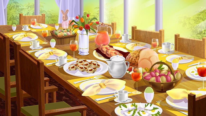 Easter dinner, dinner, table, egg, food, easter, HD wallpaper