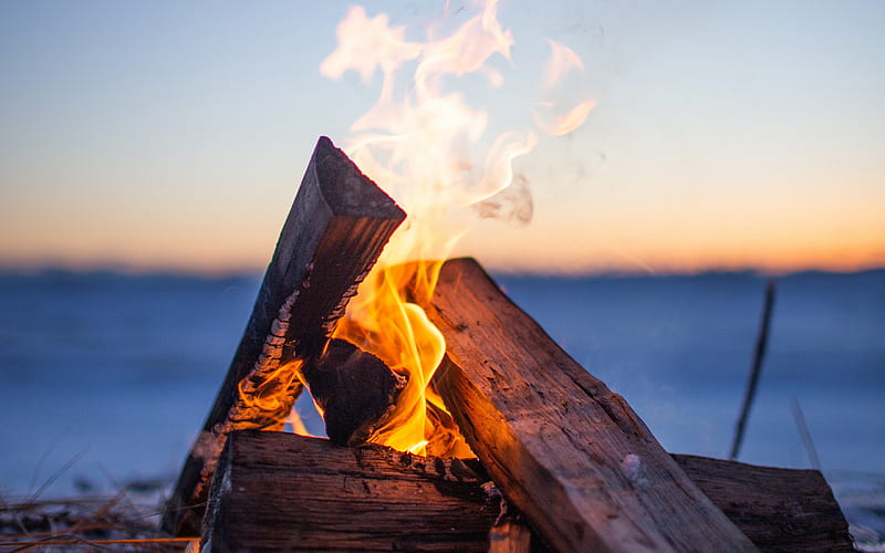 fire flames, bonfire, sunset, firewood, fire, close-up, HD wallpaper