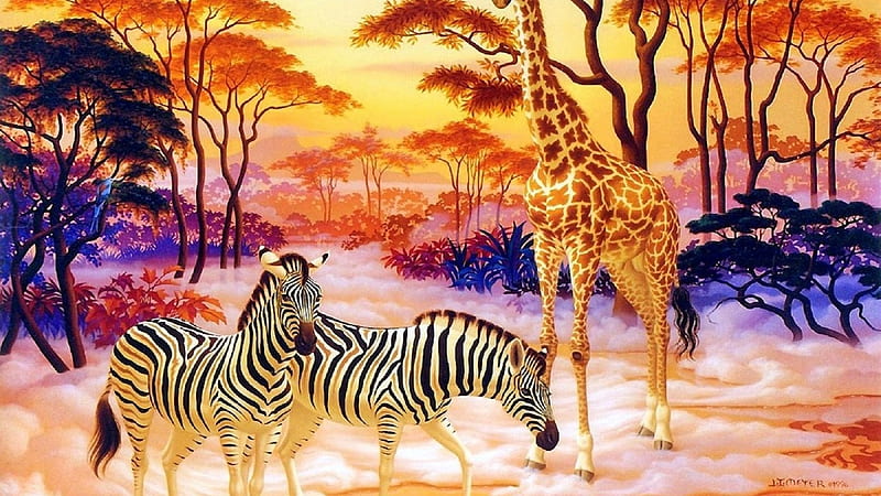 zebras-art-beautiful-paintings-colors-friendship-love-paint-draw-pre-four-creative-wildlife-meeting-fall-giraffe-seasons-ani, Love, Giraffe, Deutschland, Zebras, HD wallpaper