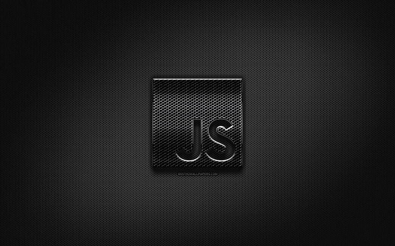 JavaScript black logo, programming language, grid metal background, JavaScript, artwork, creative, programming language signs, JavaScript logo, HD wallpaper