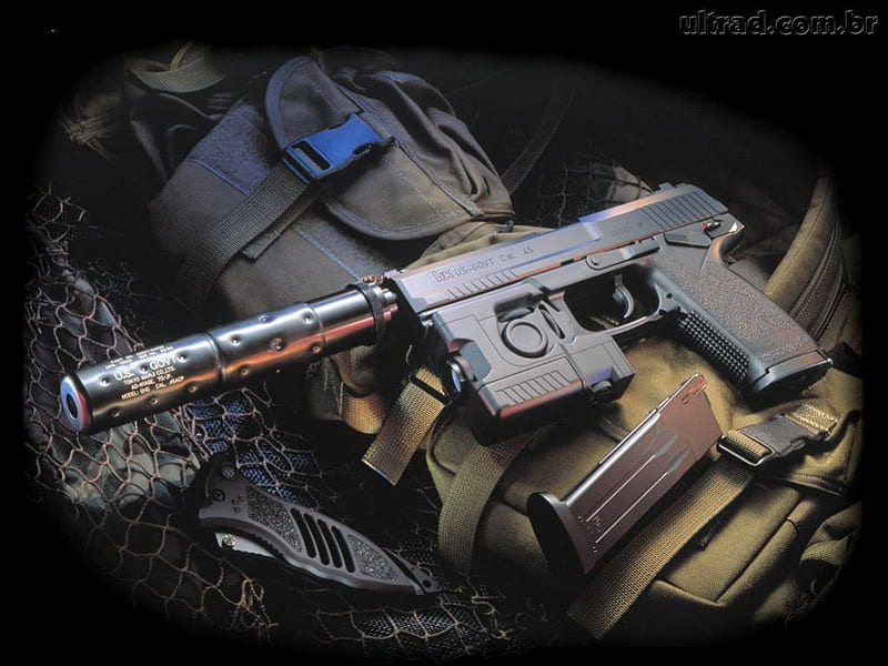 Pistola calibre 45, silenciador, lanterna, pistola, arma, linda, HD wallpaper