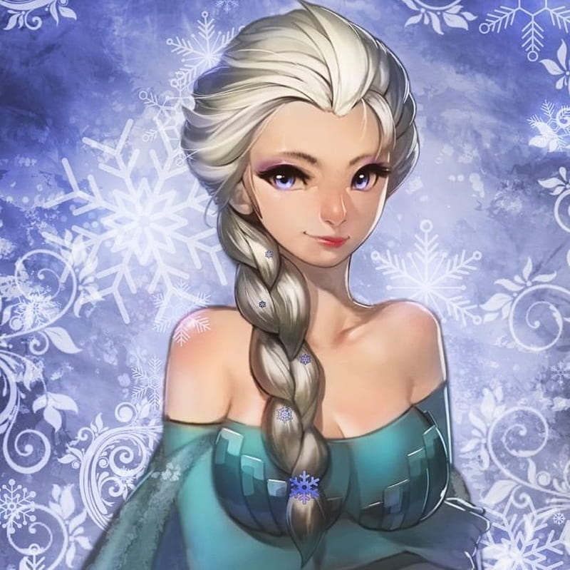 Elsa, pretty, dress, bonito, sweet, anime, beauty, anime girl, long hair, blue, lovely, blonde hair, cute, girl, snow, snowflakes, Frozen, white, HD wallpaper