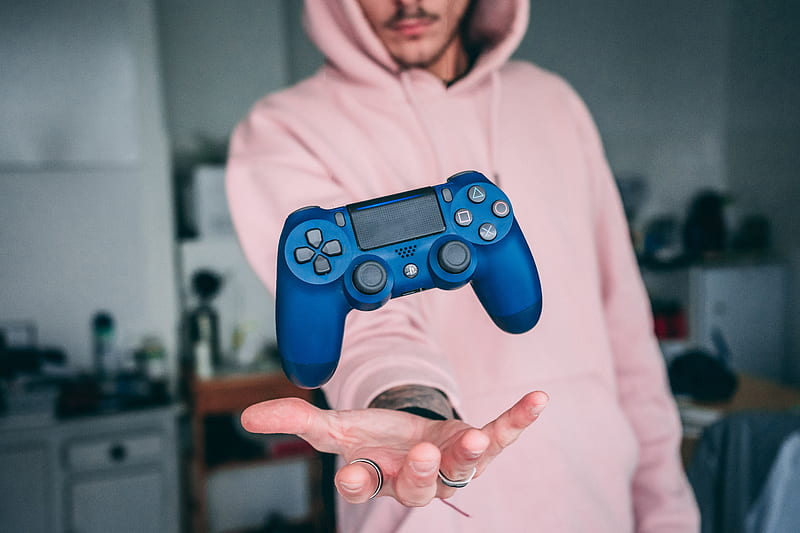 person holding blue Sony PS4 Dualshock 4 c, HD wallpaper