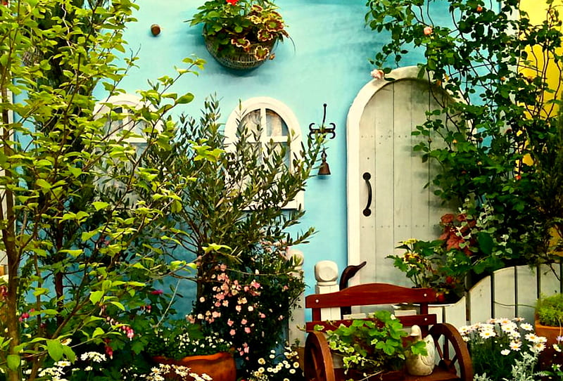Garden Cottage, cottage, plants, chairs, flowers, vines, garden, white door, door, HD wallpaper