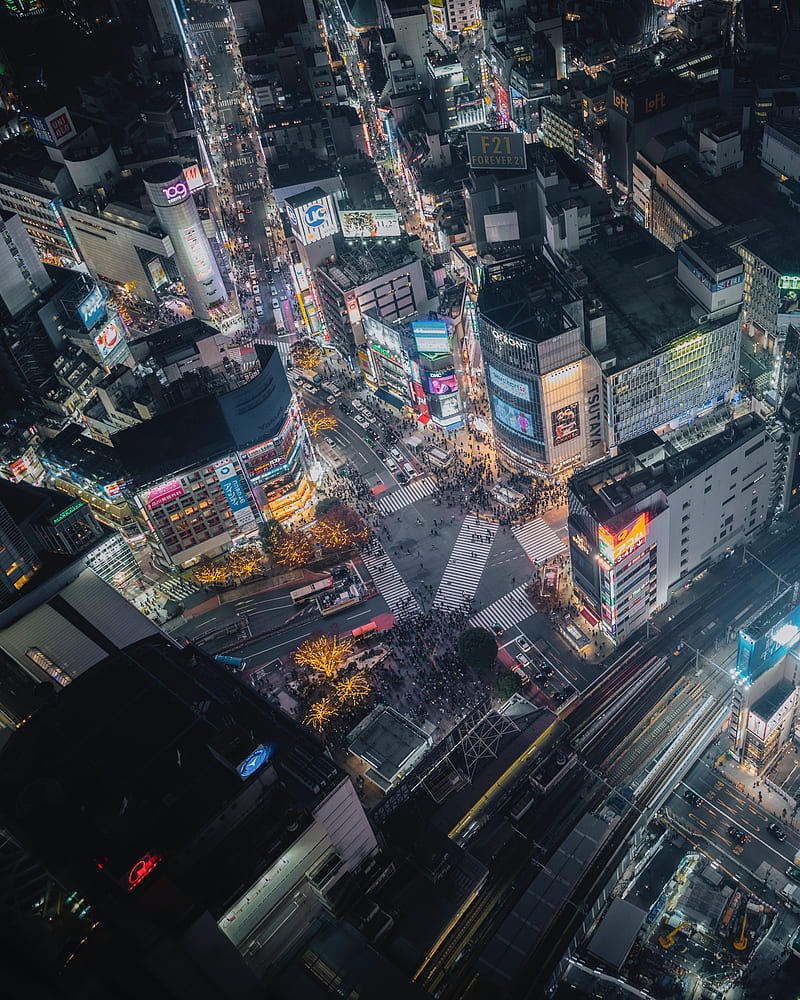 city, aerial view, road, buildings, HD phone wallpaper