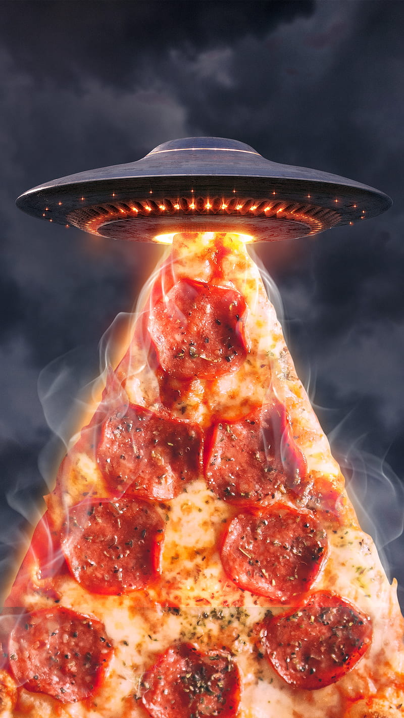 pizza ufo, Circlestances, alien, aliens, clouds, food, funny, sky, space, trippy, weird, HD phone wallpaper