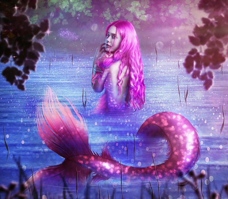 Mermaid, amedeya, pink, blue, luminos, vara, water, fantasy, girl ...