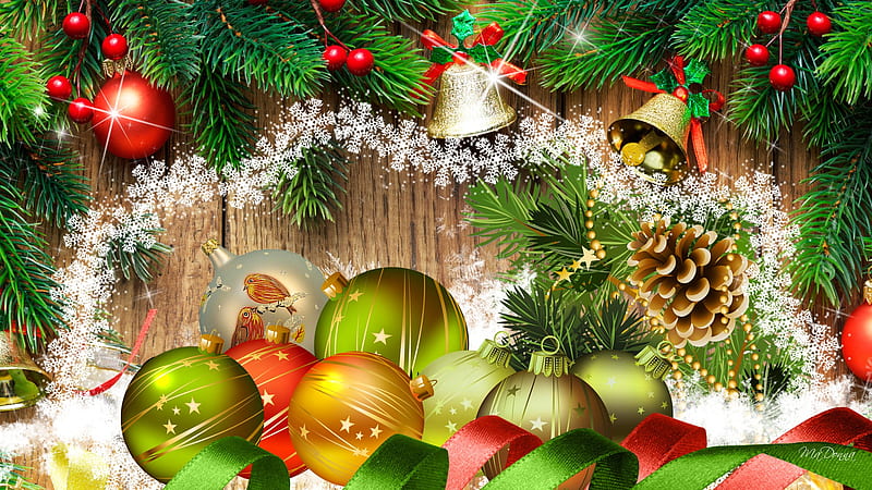 Christmas Memories, rustic, red, ribbon, pine cones, green, balls, snow, berries, snowflakes, decorations, fir, bells, wood, spruce, HD wallpaper