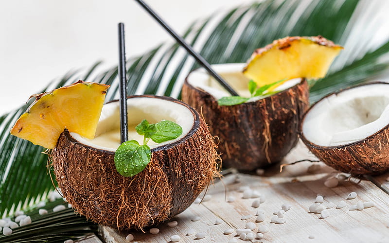 Pina colada, pineapple cocktail, cocktail in a coconut, Pina colada recipe, rum, cream of coconut, coconut milk, pineapple juice, HD wallpaper