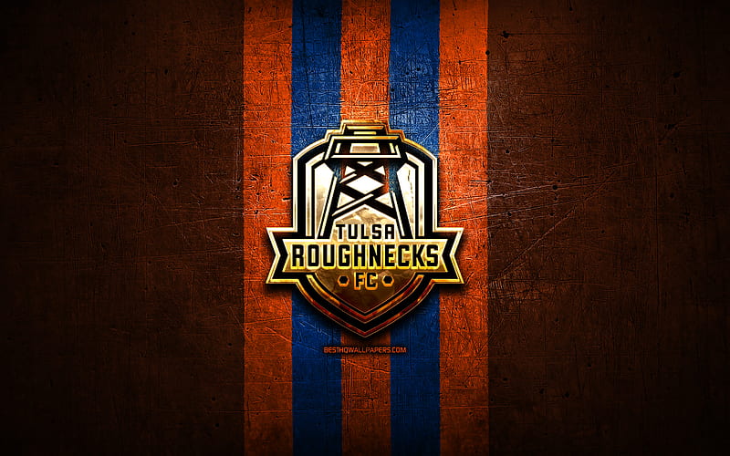 Tulsa Roughnecks FC, golden logo, USL, orange metal background, american soccer club, United Soccer League, Tulsa Roughnecks logo, soccer, USA, HD wallpaper