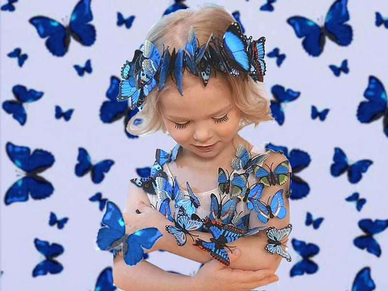 Blue Butterflies, surreal creative art, grandma gingerbread, flower crown wreath, album, HD wallpaper