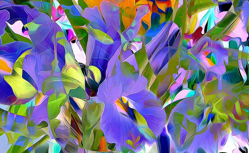 Irises, art, orange, green, purple, texture, painting, flower, pictura, iris, blue, HD wallpaper