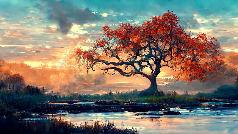 red tree, clouds, lake, sunset, tree, plants, HD wallpaper