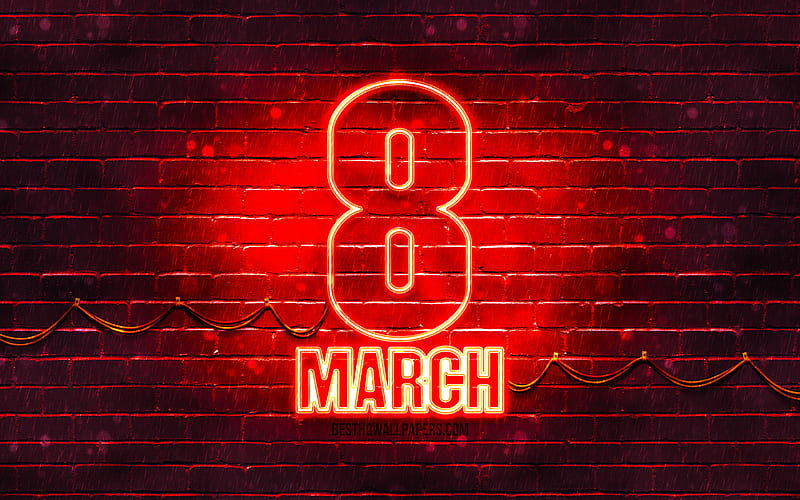 8 March red sign red brickwall, International Womens Day, artwork, 8th of March, 8 March neon symbol, 8 March, HD wallpaper