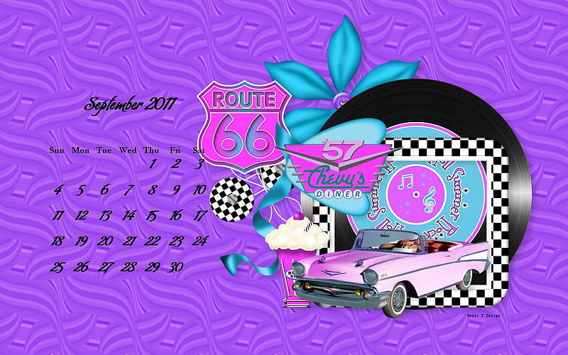 Pink 57 Chevy Sept 2011 Clanedar, calendar, september, purple, route 66, chevy, classic, pink, blue, HD wallpaper