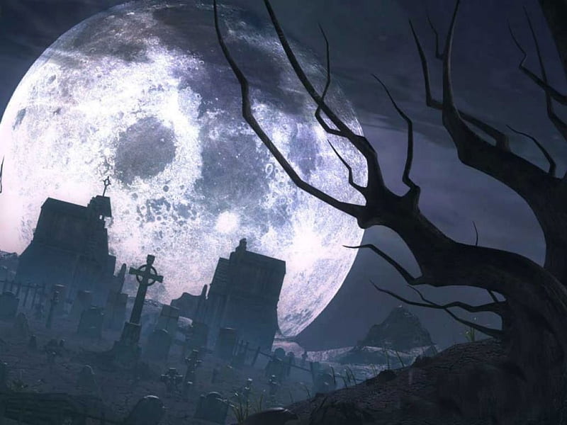 Full Moon Shining on Graveyard, tree, graves, moon, full moon, tombstones, graveyard, HD wallpaper