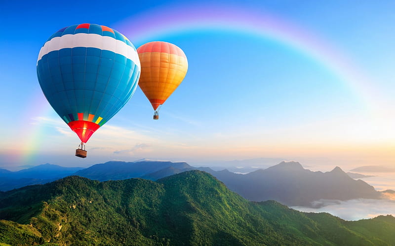 Hot air balloon ride, mountain, balloon, rainbow, sky, HD wallpaper
