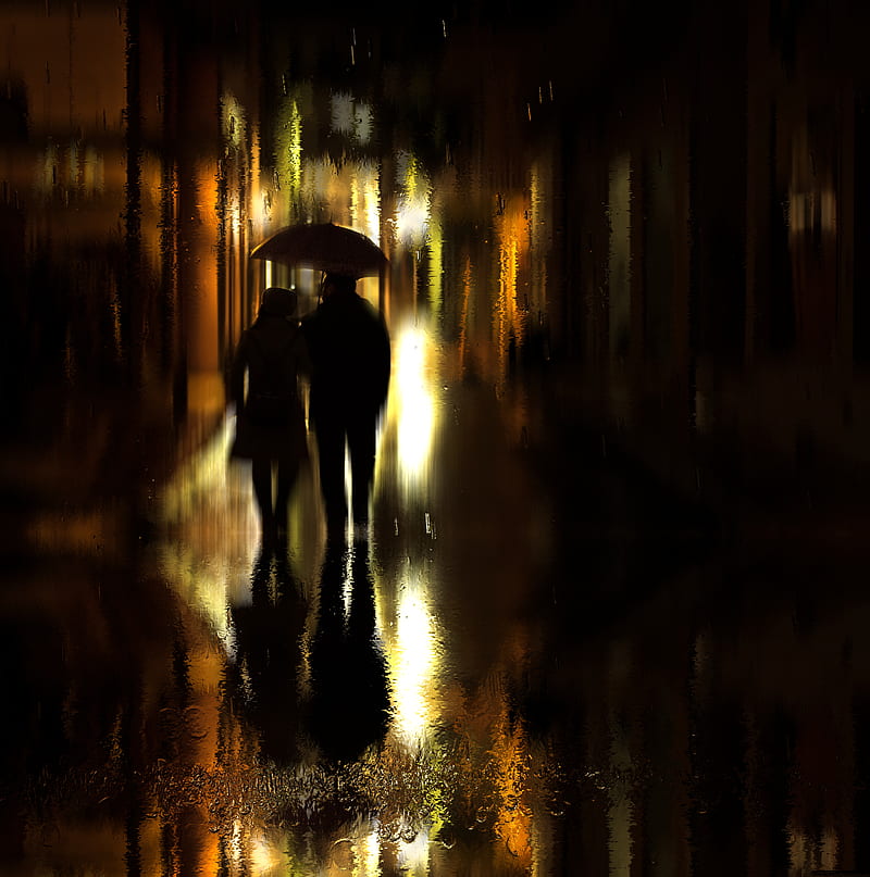 couple, umbrella, rain, silhouettes, walk, romance, HD phone wallpaper