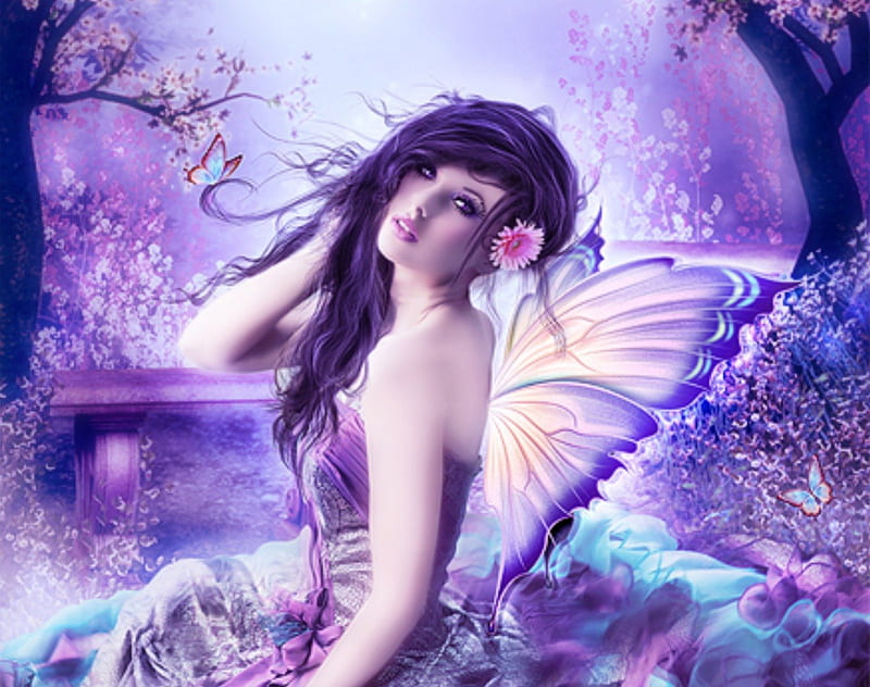✫Season of the Butterfly Angel✫, pretty, dress, bonito, digital art, woman, sweet, hair, fantasy, beautiful girls, manipulation, flowers in their hair, flowers, girls, gorgeous, animals, wings, models, lovely, angel, colors, love four seasons, creative pre-made, butterflies, trees, cool, purple, plants, weird things people wear, backgrounds, lady, HD wallpaper