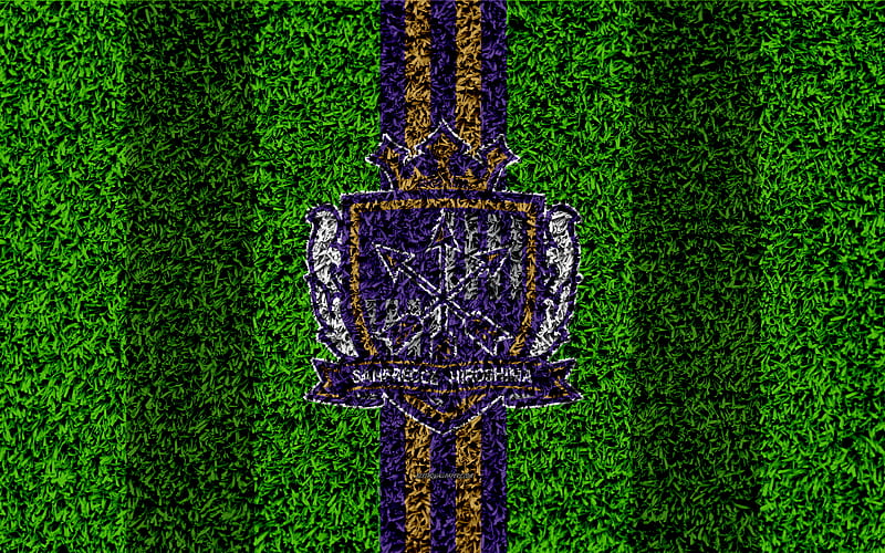 Sanfrecce Hiroshima logo, football lawn, japanese football club, purple gold lines, grass texture, J1 League, Hiroshima, japan, football, J-League, Hiroshima FC, HD wallpaper