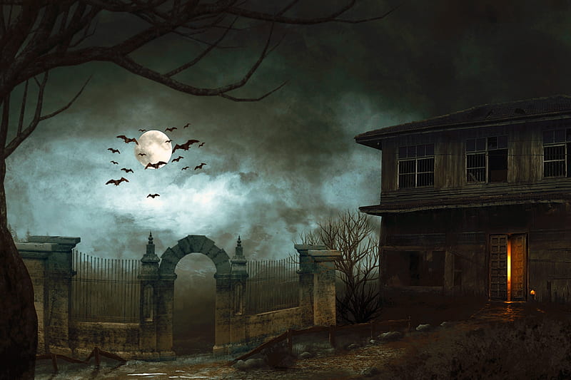 Home Alone, Moonlight, dark, Ruin, Bats, Grim, Ancient, Gothic, House, Haunted, HD wallpaper