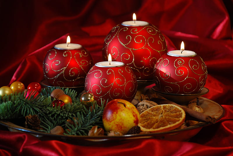 Christmas candles, red, candle, aromatic, christmas, holiday, december, decoration, bonito, happy new year, candles, fruit, nice, cool, merry christmas, balls, harmony, HD wallpaper