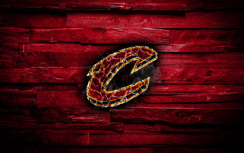 Cleveland Cavaliers scorched logo, NBA, purple wooden background, CAVS, american basketball team, Eastern Conference, grunge, basketball, Cleveland Cavaliers logo, fire texture, USA, HD wallpaper