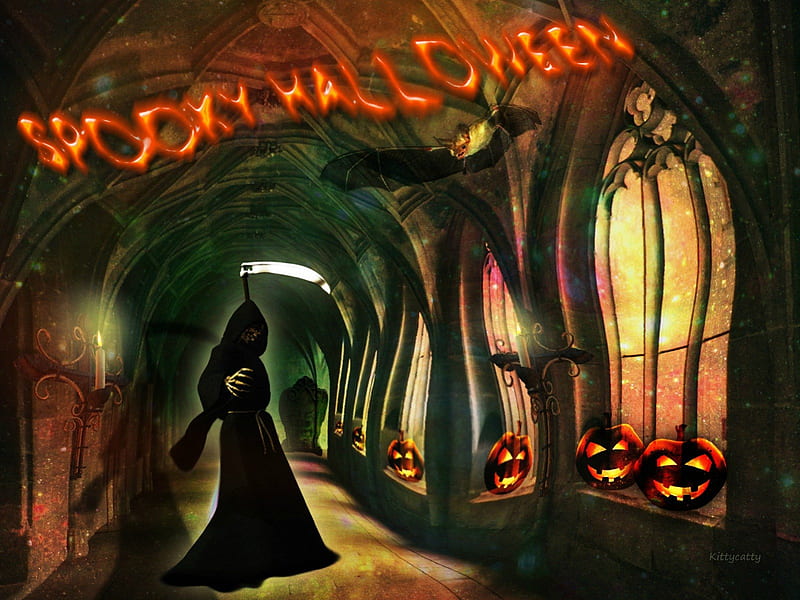 ☻☻☻ Spooky Halloween ☻☻☻ , death, happy halloween, halloween, old castle, candles, tombstone, creepy, grim reaper, boo, spooky, pumpkin, bat, jackos, light, night, HD wallpaper