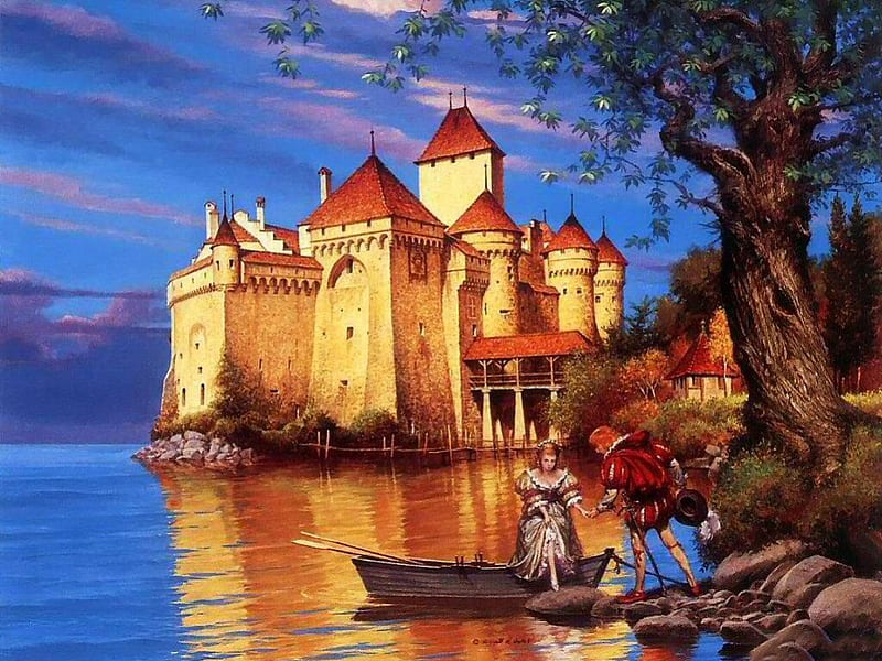 Meeting on Castle Chillon, colorful, meeting, geneva, colors, bonito, old, lake, splendor, peaceful, castle, HD wallpaper