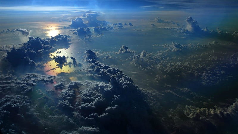 clouds down from the stratosphere, colors, stratosphere, clouds, sea, HD wallpaper