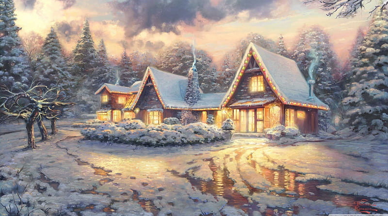 Christmas Lodge Thomas Kinkade, old fashioned christmas, christmas lodge, thomas kinkade christmas, HD wallpaper
