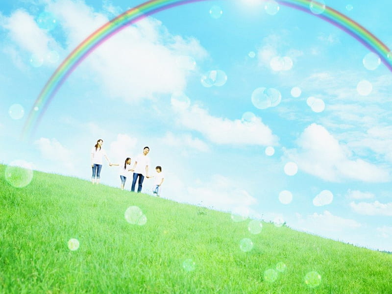 Family in the glassland with ranbow in bule sky, family, rainbow, sky, blue, grassland, HD wallpaper
