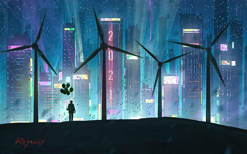 Sci Fi, City, Futuristic, Night, Skyscraper, Wind Turbine, HD wallpaper