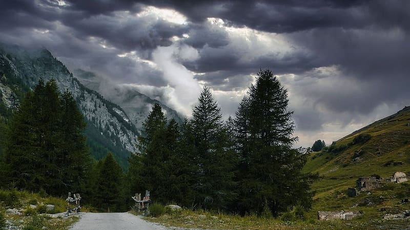 Thunderstorm in the Alps, termeszet, sotet egbolt, alpok, zivatar, hegyek, tajkep, felhok, hegy, ut, fak, fu, HD wallpaper