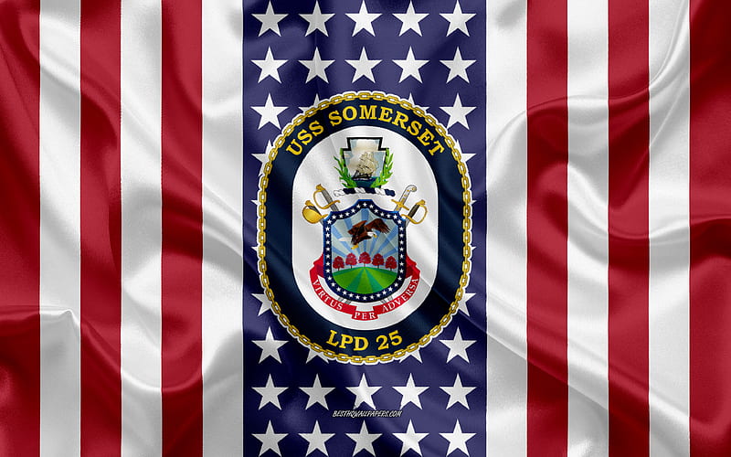 USS Somerset Emblem, LPD-25, American Flag, US Navy, USA, USS Somerset Badge, US warship, Emblem of the USS Somerset, HD wallpaper