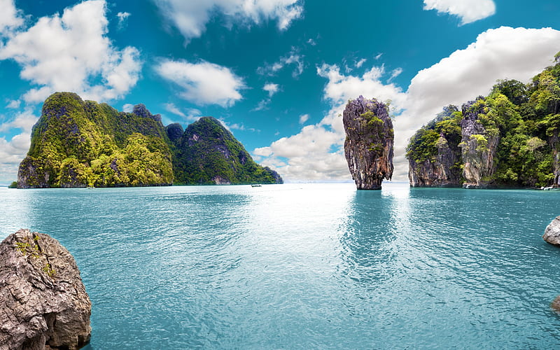 Thailand, Phuket, rocks, tropical islands, ocean, sea, summer travel, seascape, HD wallpaper