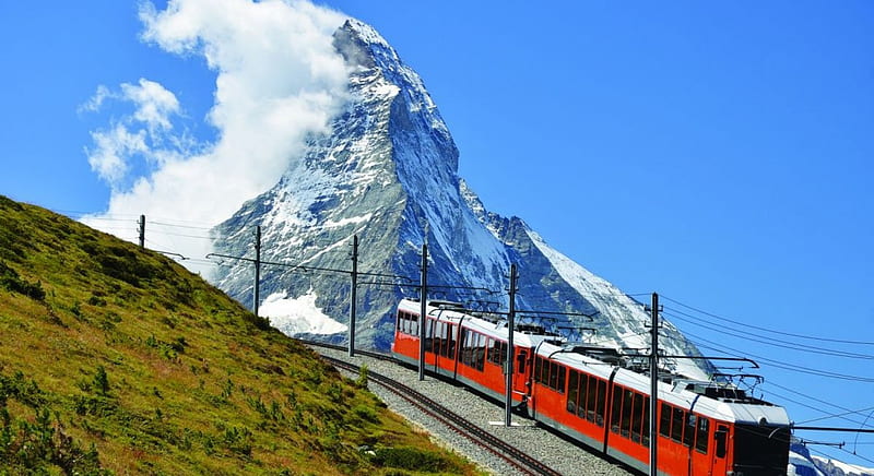 Switzerland Train, Train, Mountains, Clouds, Sky, Snow, Switzerland, HD wallpaper