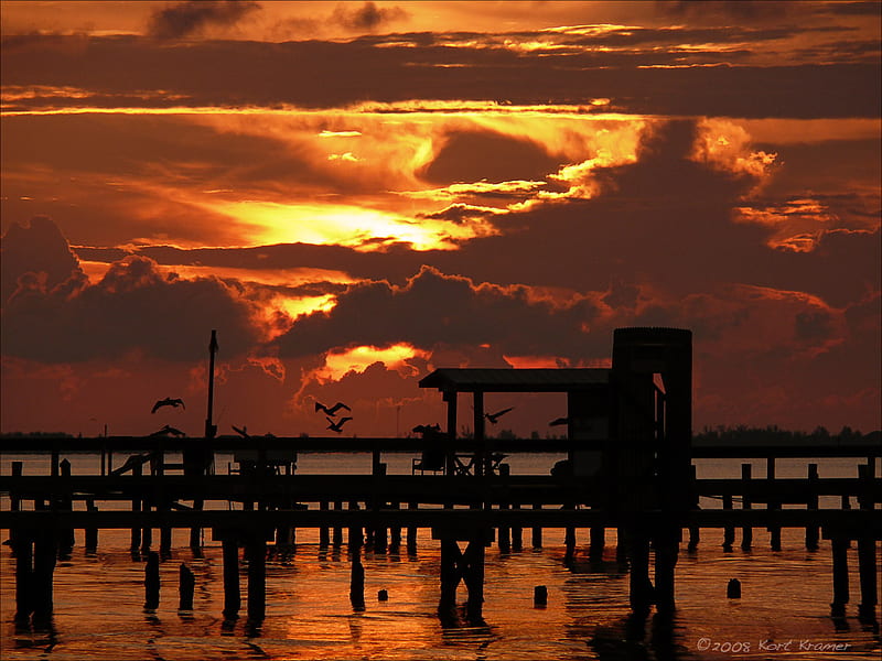 Pelican Reef Sunset, sunset, water, peer, board walk, HD wallpaper