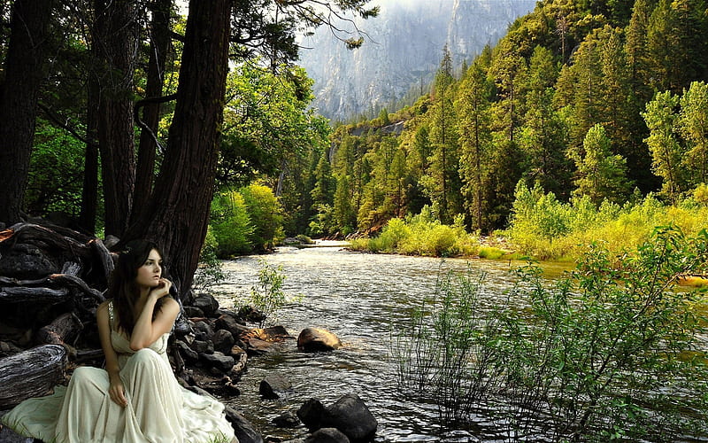Country Girl, Mountains, Trees, River, White, Girl, Country, Woman, HD wallpaper