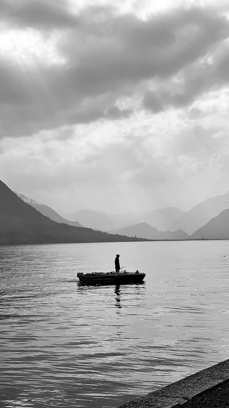man, alone, boat, lake, black and white, HD phone wallpaper