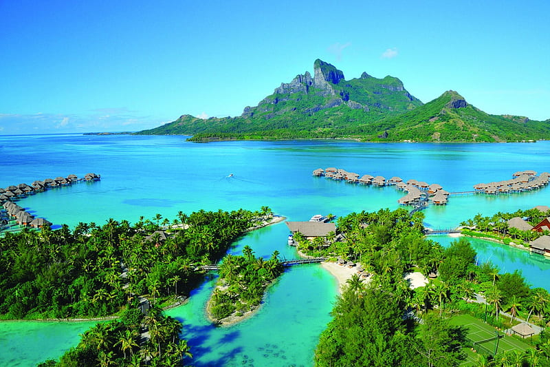 Bora Bora Aerial View, polynesia, sea, beach, lagoon, bora bora, sand, green, aerial, blue, exotic, islands, view, ocean, trees, palms, paradise, island, tahiti, tropical, HD wallpaper
